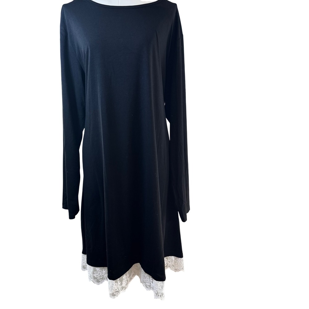 Black Long Sleeve Lace Trim Tunic Top Mini Dress Crew Neck Women‎ 2XL Goth NWT